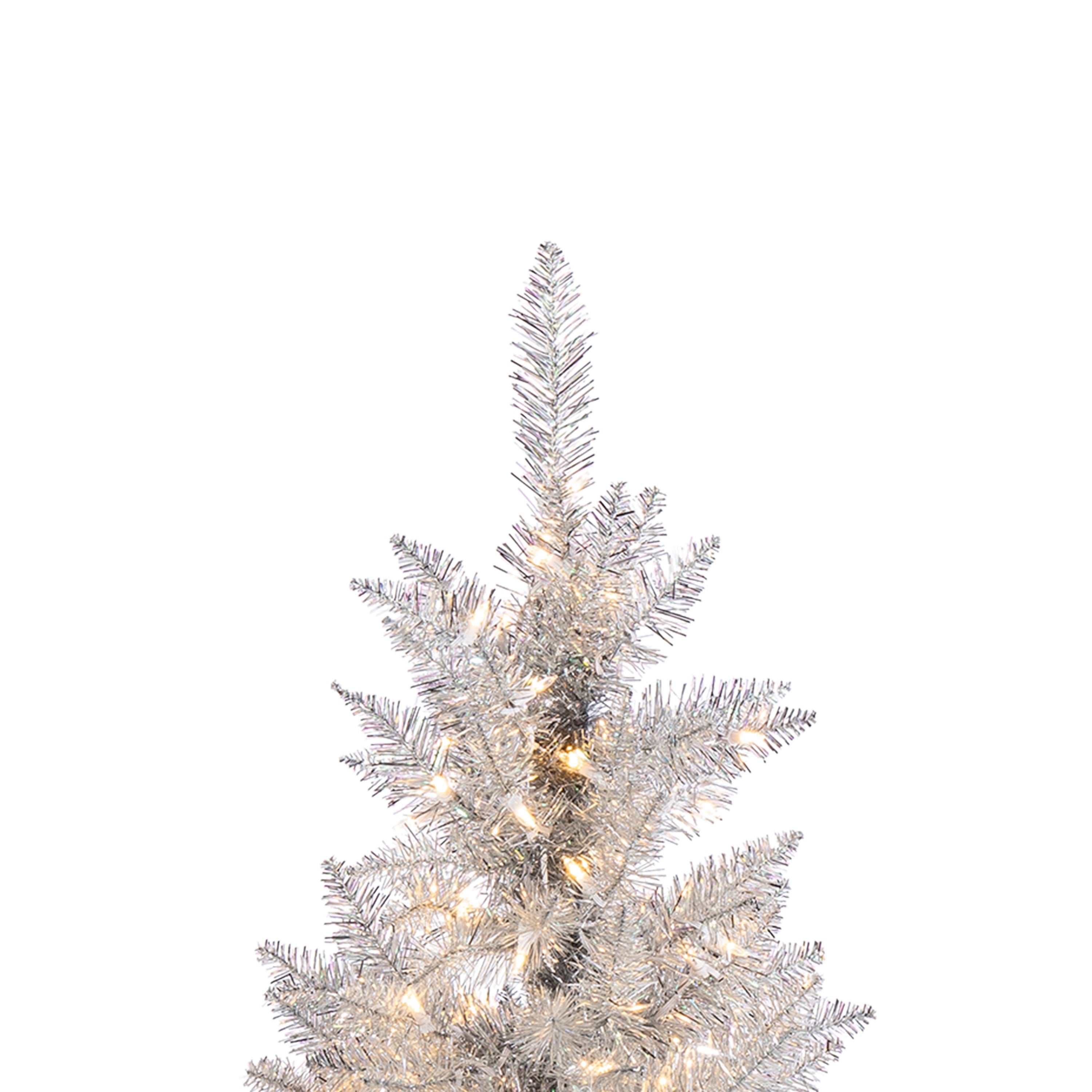 Sterling Elegant 5 Foot Slim Silver Tinsel Tree with Warm White LED Lights